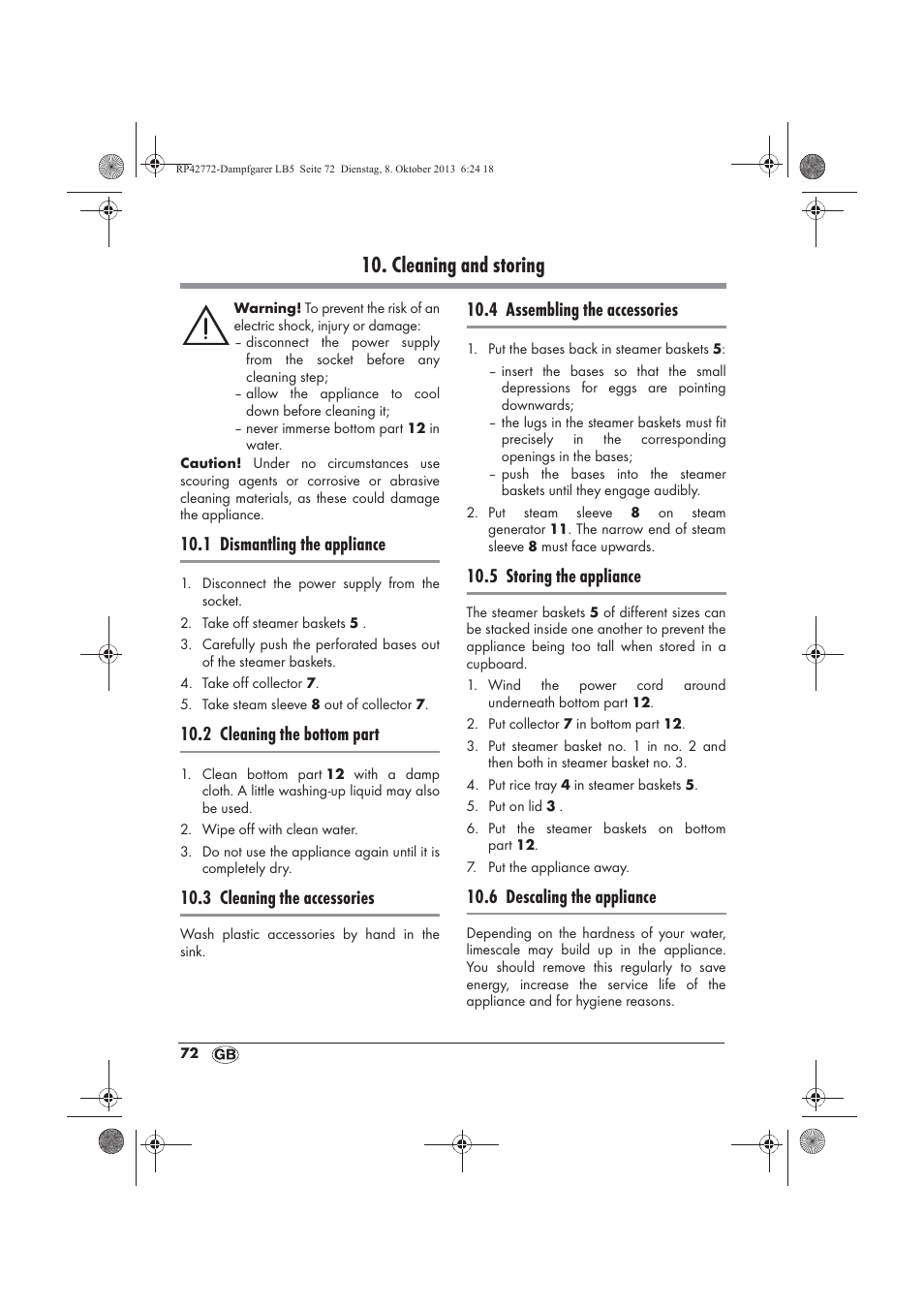 Cleaning and storing, 1 dismantling the appliance, 2 cleaning the bottom part | 3 cleaning the accessories, 4 assembling the accessories, 5 storing the appliance, 6 descaling the appliance | Silvercrest SDG 800 B2 User Manual | Page 74 / 98