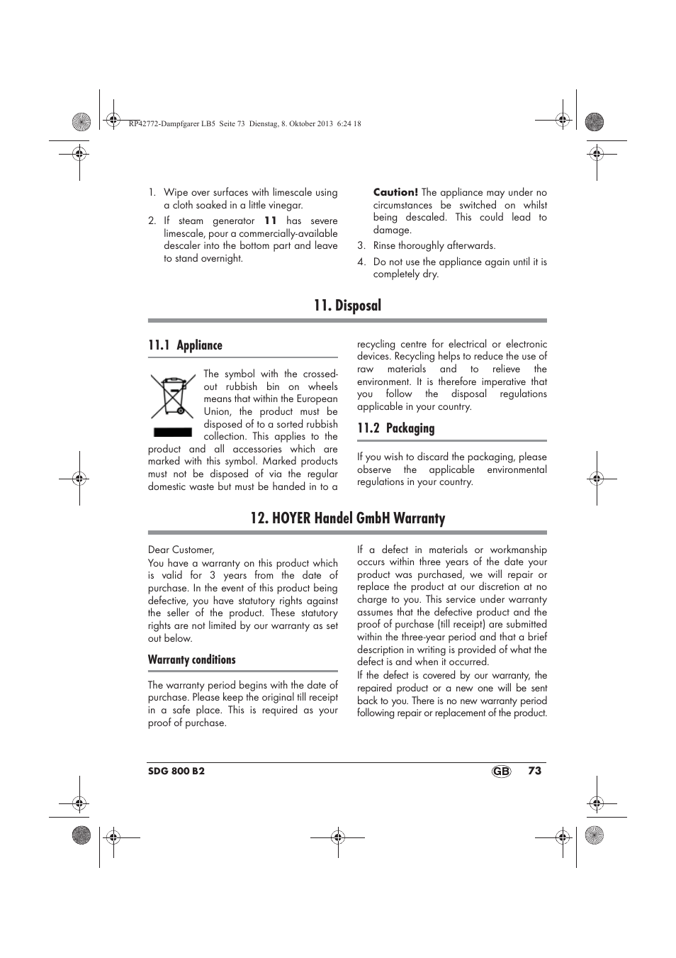 Disposal, Hoyer handel gmbh warranty, 1 appliance | 2 packaging | Silvercrest SDG 800 B2 User Manual | Page 75 / 98