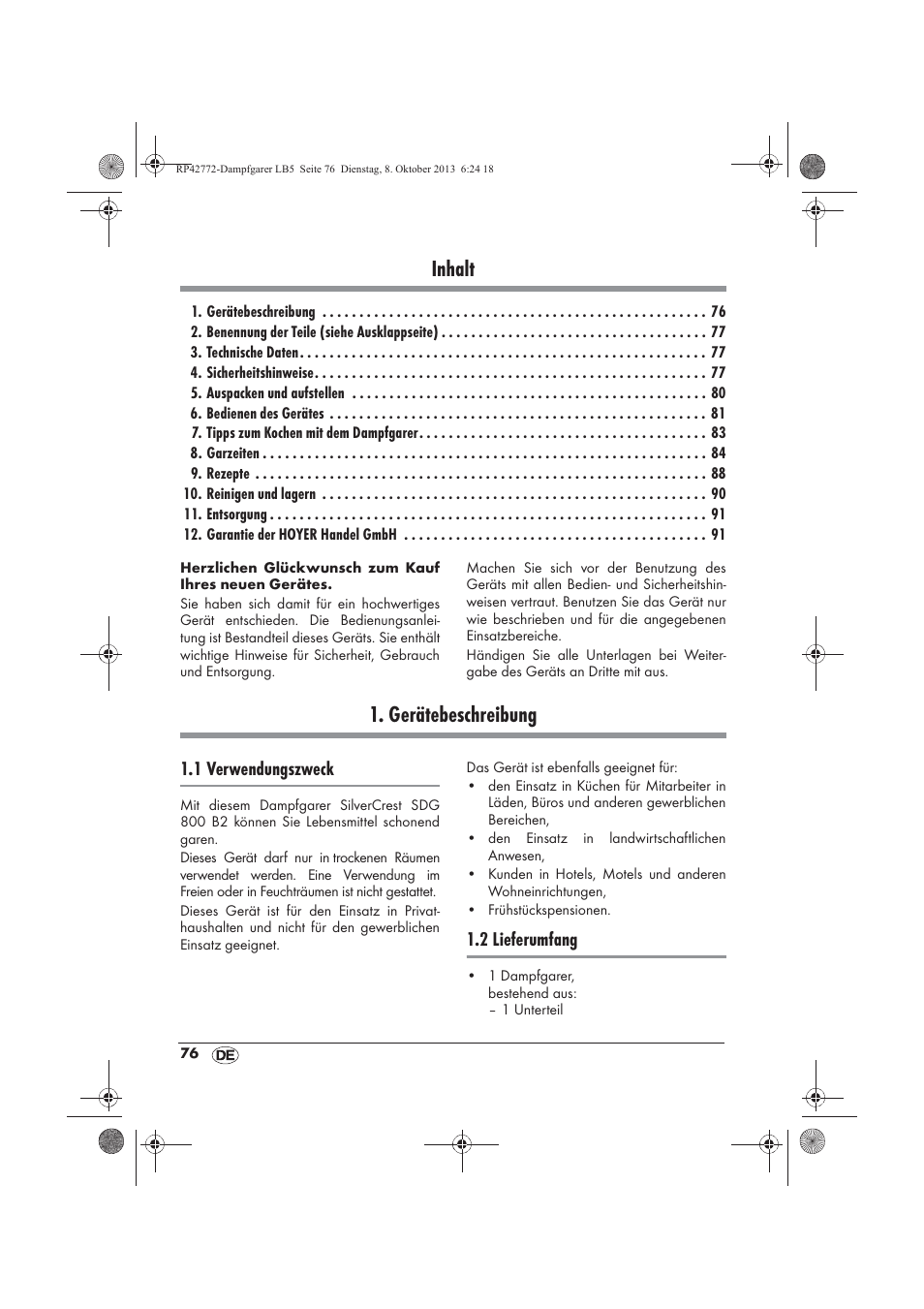 Inhalt, Gerätebeschreibung, 1 verwendungszweck | 2 lieferumfang | Silvercrest SDG 800 B2 User Manual | Page 78 / 98