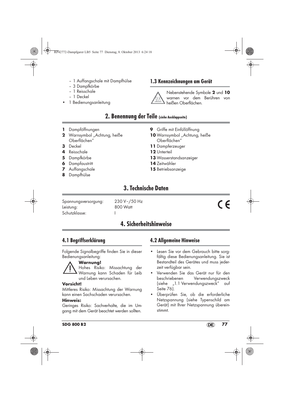 Benennung der teile, Technische daten, Sicherheitshinweise | 3 kennzeichnungen am gerät, 1 begriffserklärung, 2 allgemeine hinweise | Silvercrest SDG 800 B2 User Manual | Page 79 / 98