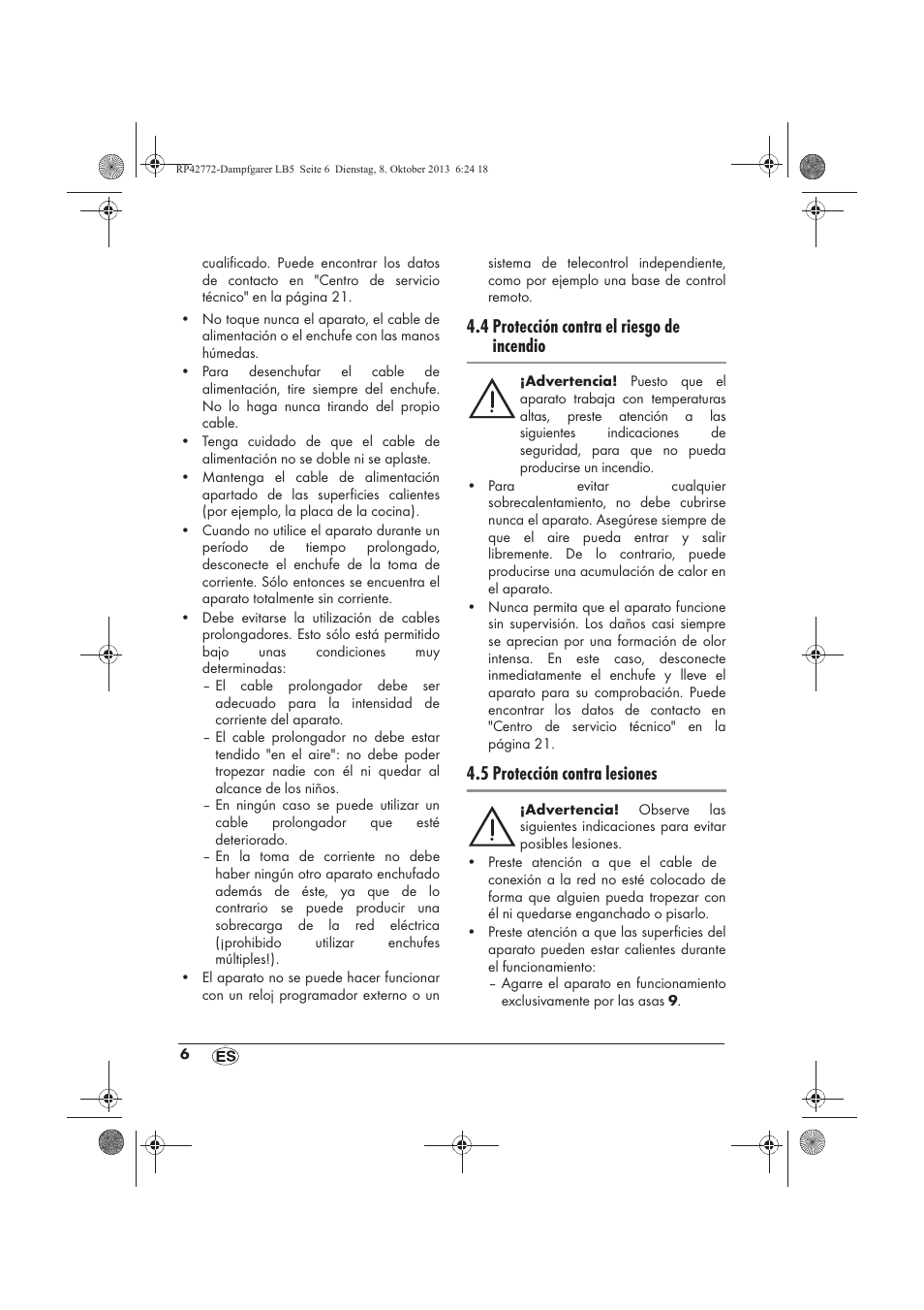 4 protección contra el riesgo de incendio, 5 protección contra lesiones | Silvercrest SDG 800 B2 User Manual | Page 8 / 98