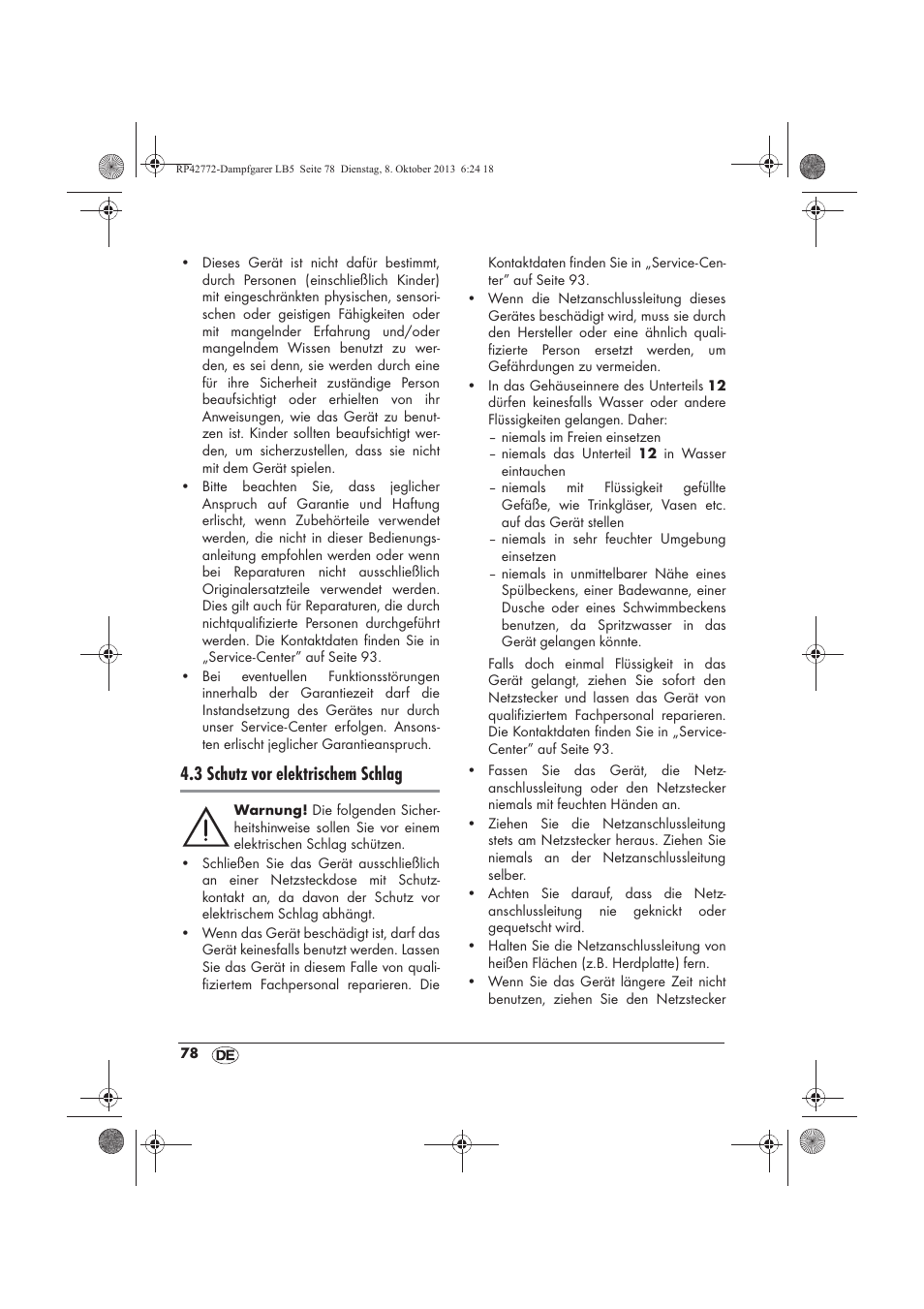 3 schutz vor elektrischem schlag | Silvercrest SDG 800 B2 User Manual | Page 80 / 98