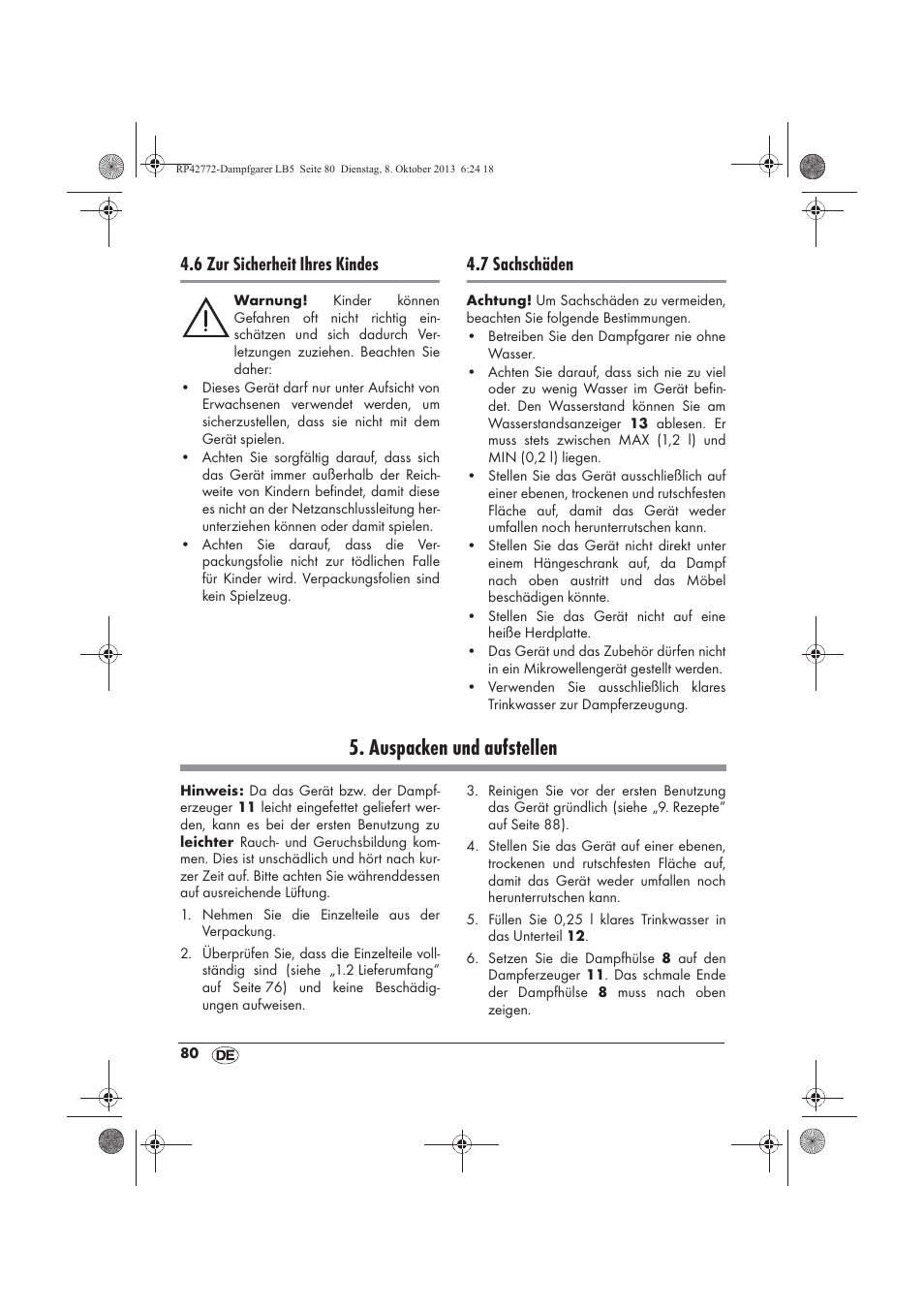 Auspacken und aufstellen, 6 zur sicherheit ihres kindes, 7 sachschäden | Silvercrest SDG 800 B2 User Manual | Page 82 / 98