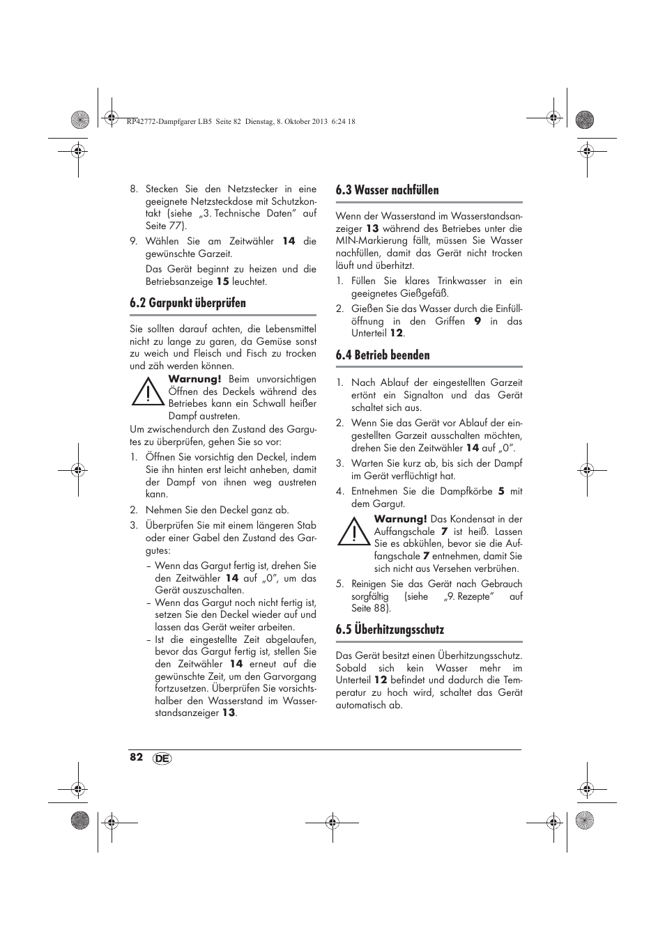 2 garpunkt überprüfen, 3 wasser nachfüllen, 4 betrieb beenden | 5 überhitzungsschutz | Silvercrest SDG 800 B2 User Manual | Page 84 / 98