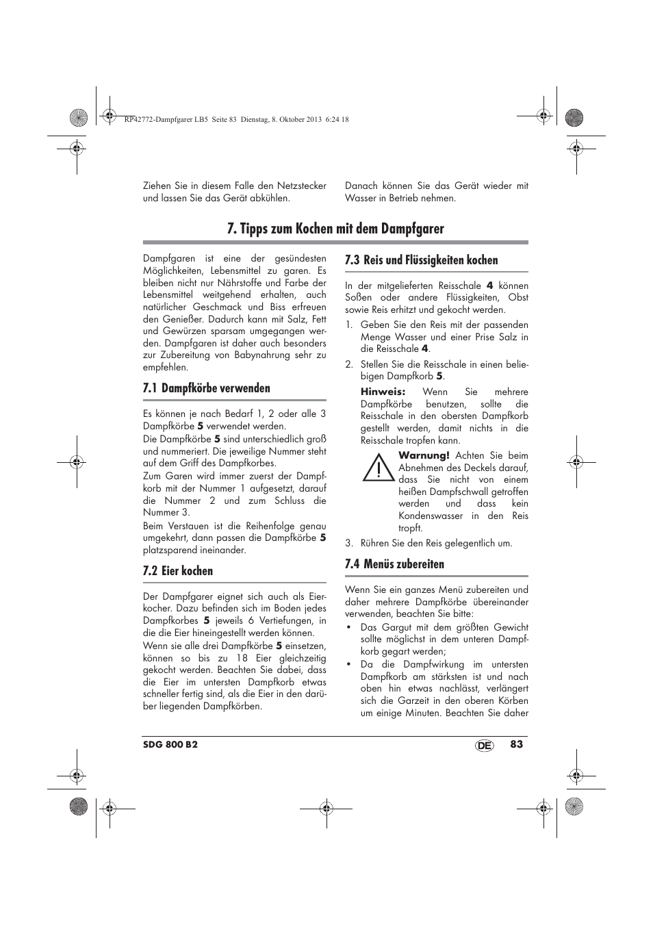 Tipps zum kochen mit dem dampfgarer, 1 dampfkörbe verwenden, 2 eier kochen | 3 reis und flüssigkeiten kochen, 4 menüs zubereiten | Silvercrest SDG 800 B2 User Manual | Page 85 / 98