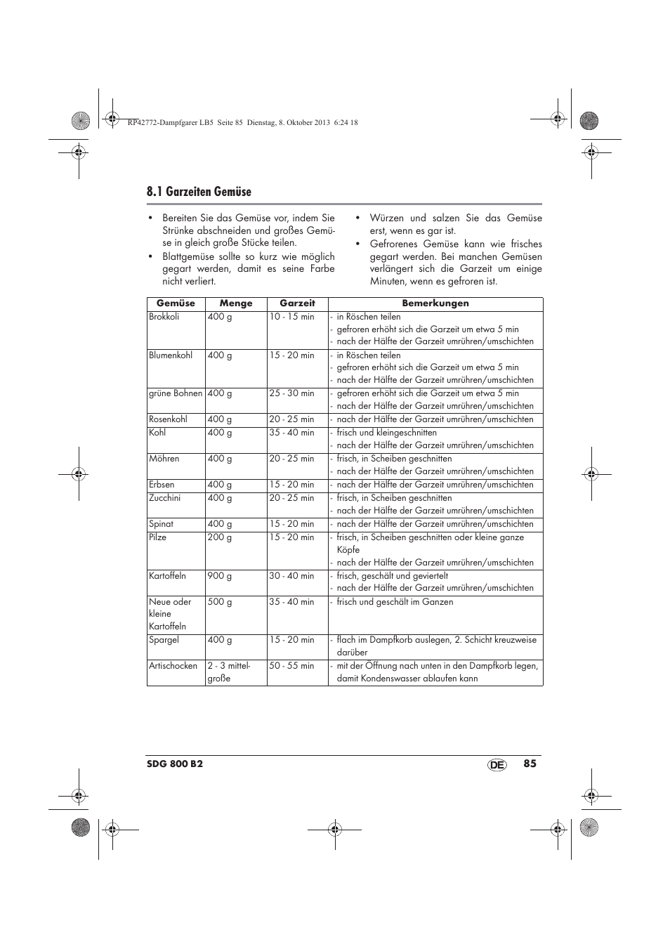 1 garzeiten gemüse | Silvercrest SDG 800 B2 User Manual | Page 87 / 98