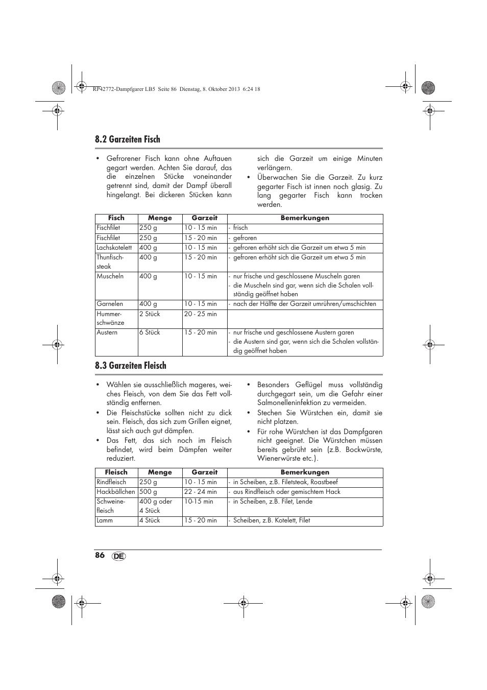 2 garzeiten fisch, 3 garzeiten fleisch | Silvercrest SDG 800 B2 User Manual | Page 88 / 98