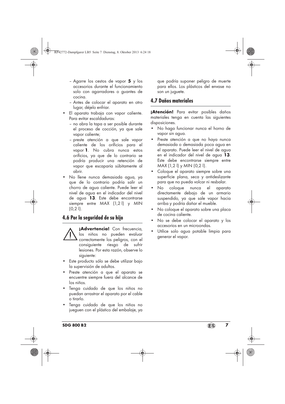 6 por la seguridad de su hijo, 7 daños materiales | Silvercrest SDG 800 B2 User Manual | Page 9 / 98