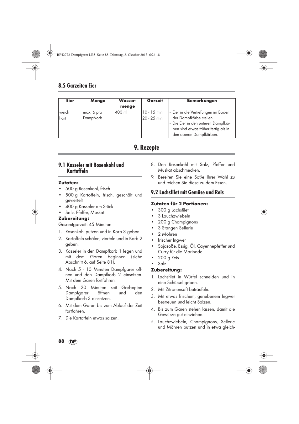 Rezepte, 5 garzeiten eier, 1 kasseler mit rosenkohl und kartoffeln | 2 lachsfilet mit gemüse und reis | Silvercrest SDG 800 B2 User Manual | Page 90 / 98