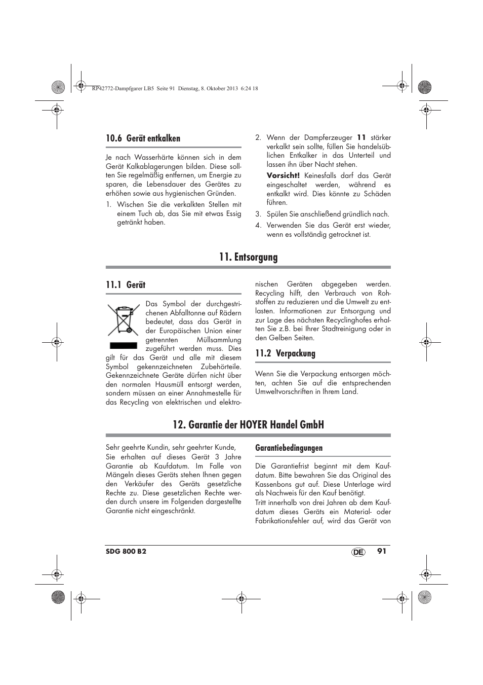 Entsorgung, Garantie der hoyer handel gmbh, 6 gerät entkalken | 1 gerät, 2 verpackung | Silvercrest SDG 800 B2 User Manual | Page 93 / 98