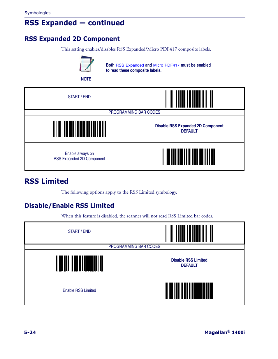 Rss expanded — continued, Rss limited, Rss expanded 2d component | Disable/enable rss limited | Datalogic Scanning MAGELLAN 1400I User Manual | Page 100 / 180