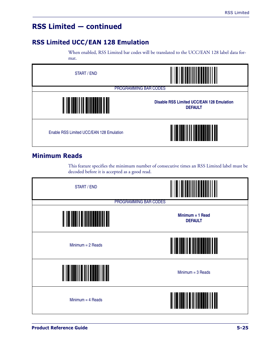 Rss limited — continued, Rss limited ucc/ean 128 emulation, Minimum reads | Datalogic Scanning MAGELLAN 1400I User Manual | Page 101 / 180