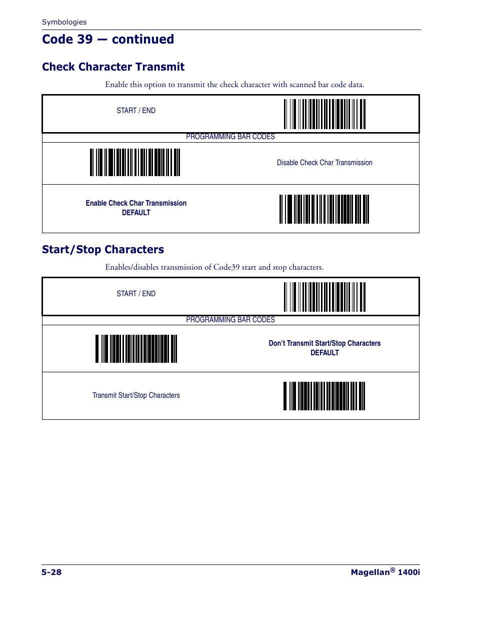 Code 39 — continued, Check character transmit, Start/stop characters | Datalogic Scanning MAGELLAN 1400I User Manual | Page 104 / 180