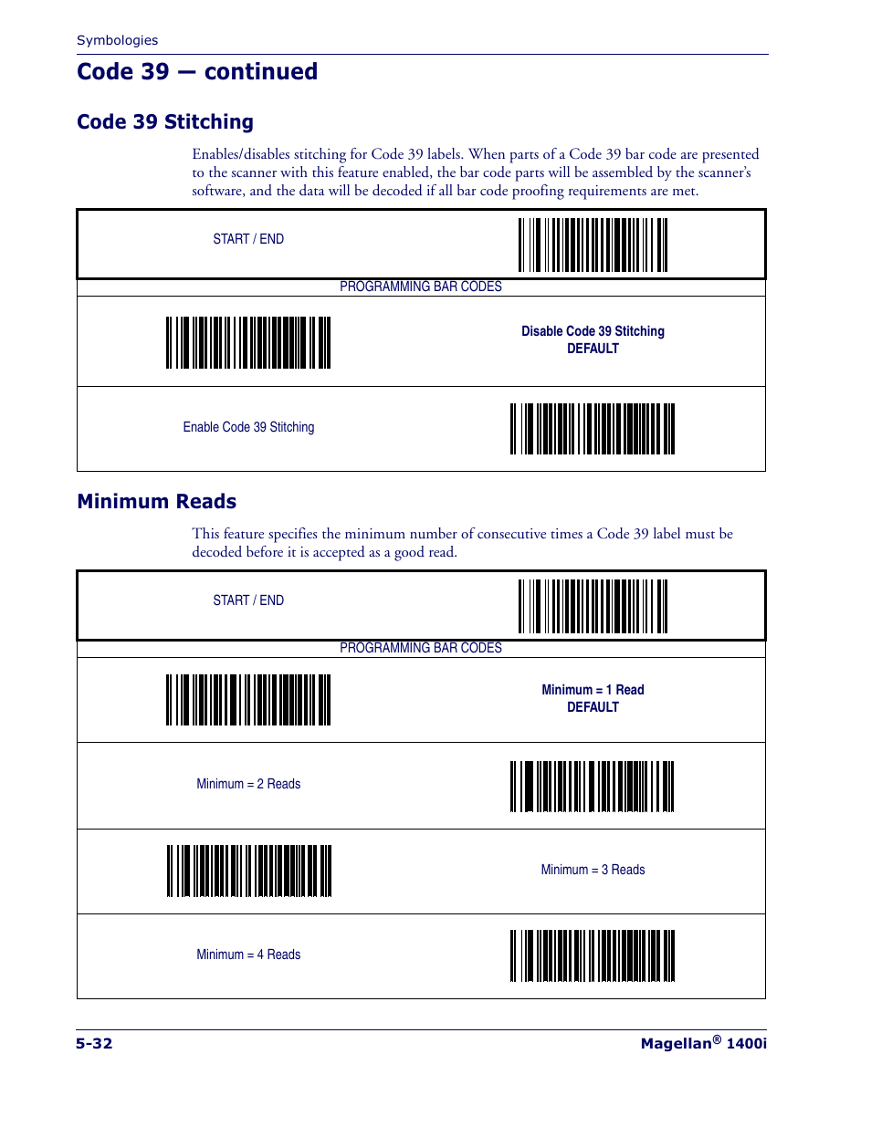 Code 39 — continued, Code 39 stitching, Minimum reads | Datalogic Scanning MAGELLAN 1400I User Manual | Page 108 / 180