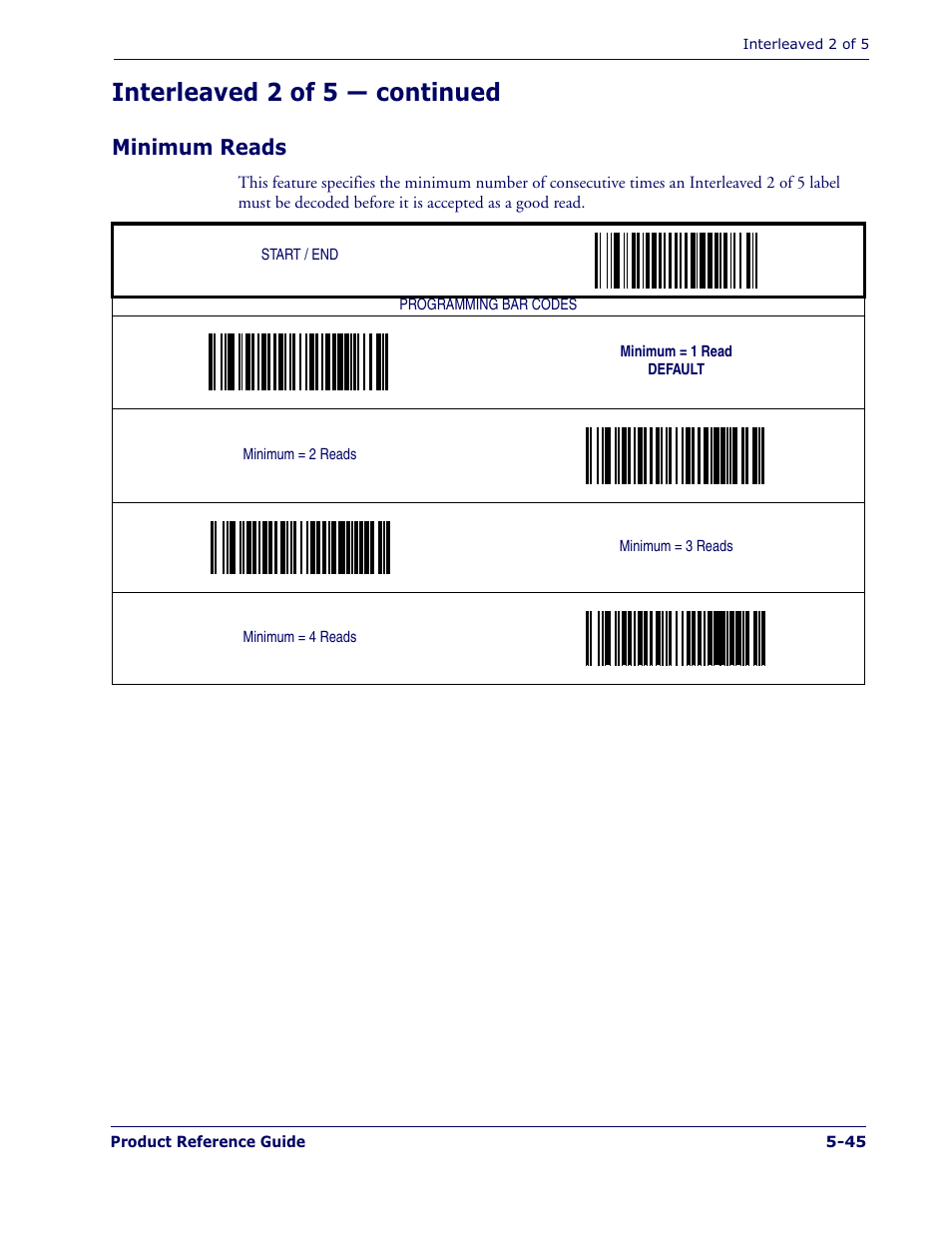 Interleaved 2 of 5 — continued, Minimum reads | Datalogic Scanning MAGELLAN 1400I User Manual | Page 121 / 180