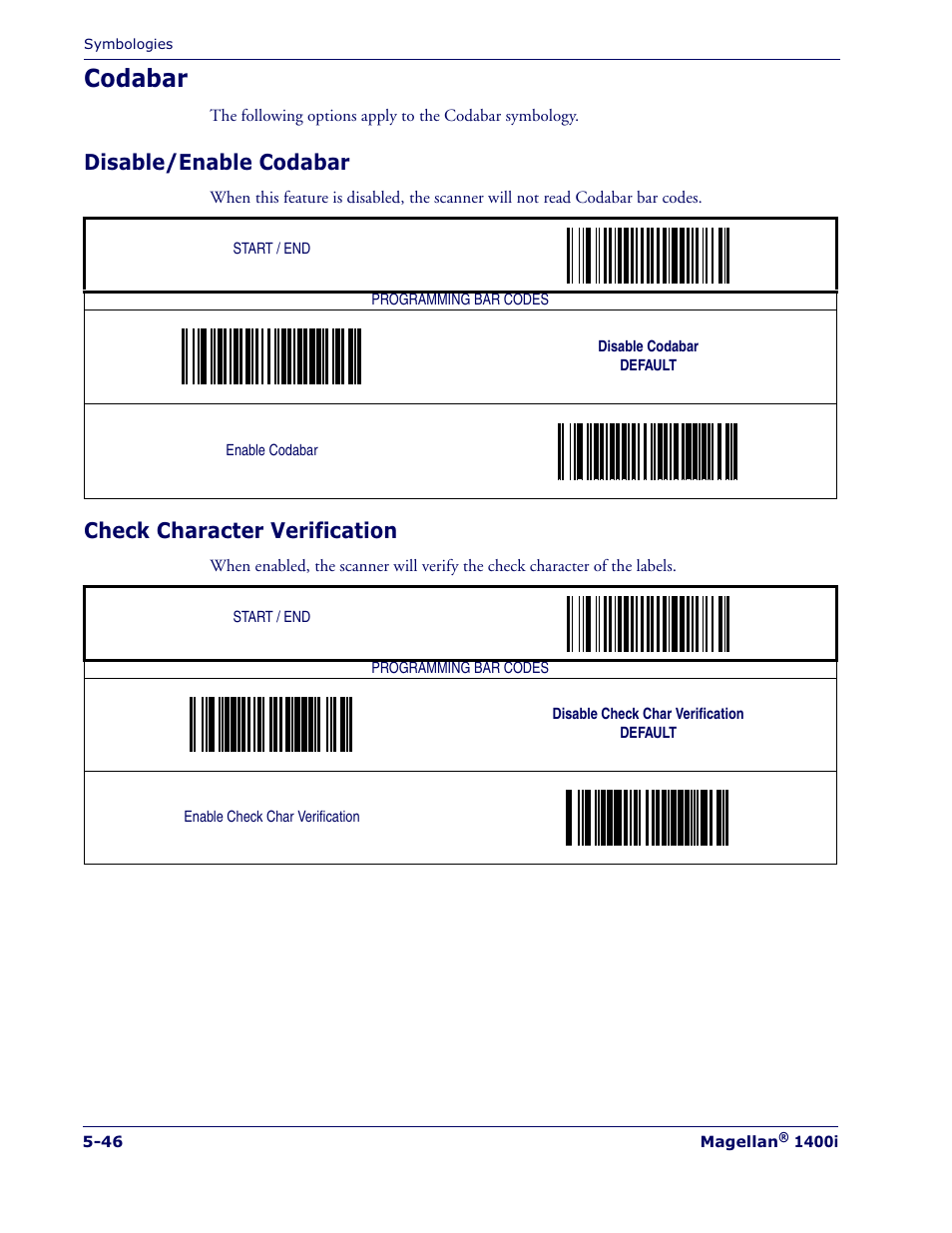 Codabar, Disable/enable codabar, Check character verification | Datalogic Scanning MAGELLAN 1400I User Manual | Page 122 / 180