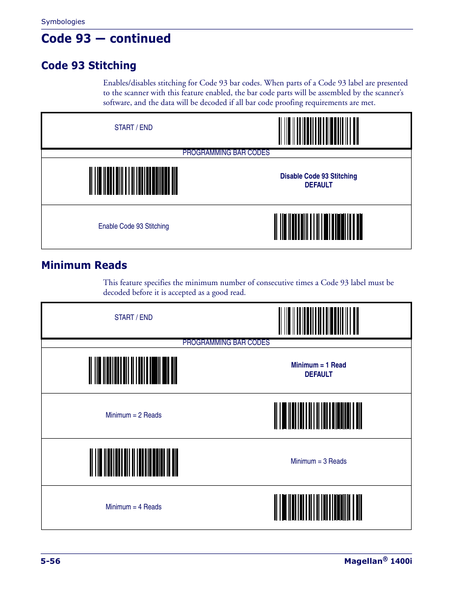 Code 93 — continued, Code 93 stitching, Minimum reads | Datalogic Scanning MAGELLAN 1400I User Manual | Page 132 / 180