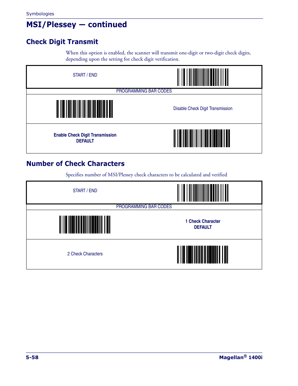 Msi/plessey — continued, Check digit transmit, Number of check characters | Datalogic Scanning MAGELLAN 1400I User Manual | Page 134 / 180
