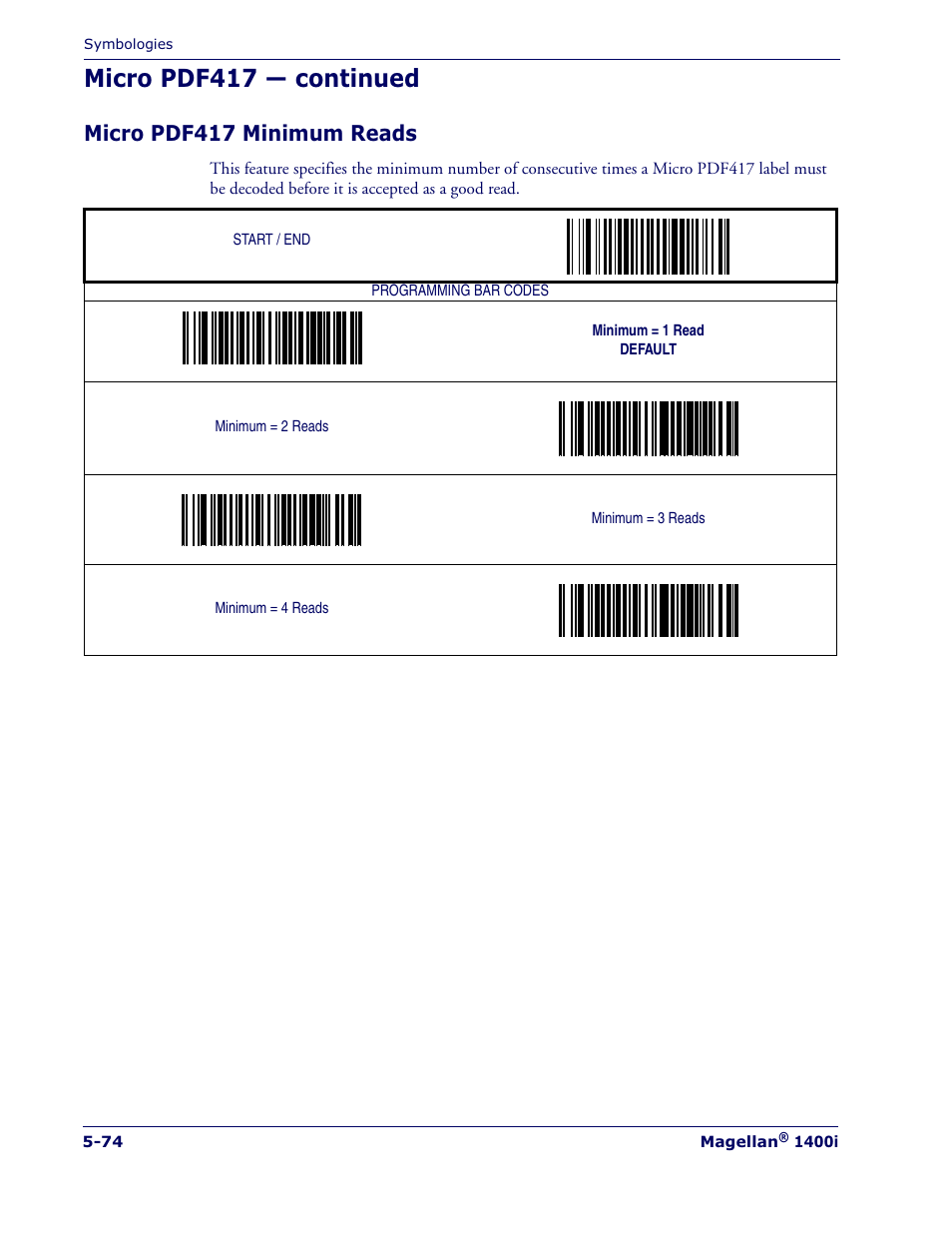Micro pdf417 — continued, Micro pdf417 minimum reads | Datalogic Scanning MAGELLAN 1400I User Manual | Page 150 / 180