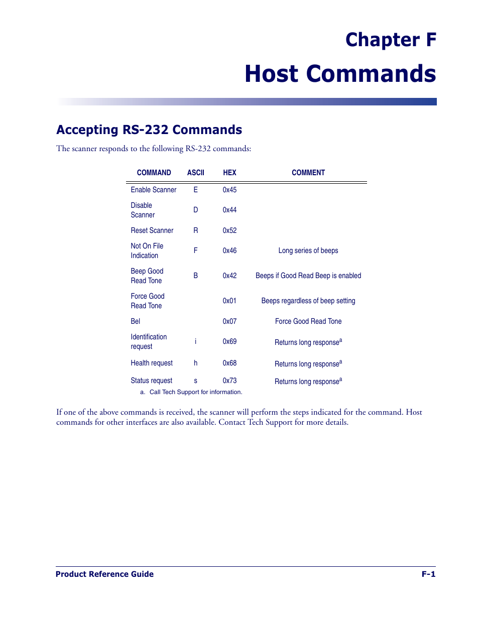Host commands, Chapter f, Accepting rs-232 commands | Datalogic Scanning MAGELLAN 1400I User Manual | Page 175 / 180