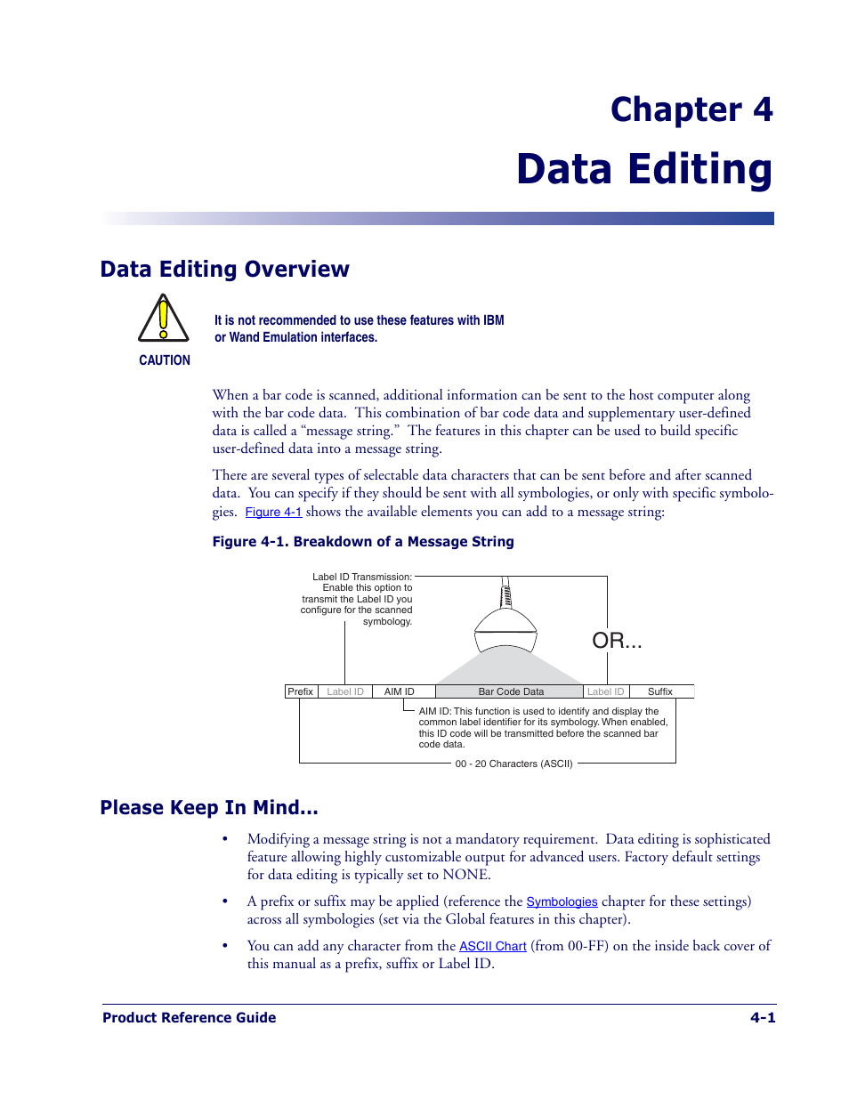 Data editing, Chapter 4, Data editing overview | Please keep in mind | Datalogic Scanning MAGELLAN 1400I User Manual | Page 65 / 180