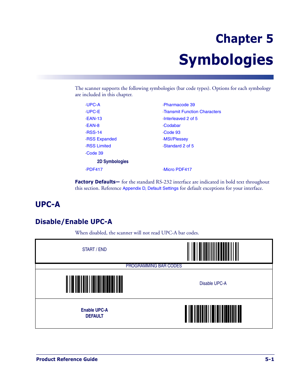 Symbologies, Chapter 5, Upc-a | Disable/enable upc-a | Datalogic Scanning MAGELLAN 1400I User Manual | Page 77 / 180