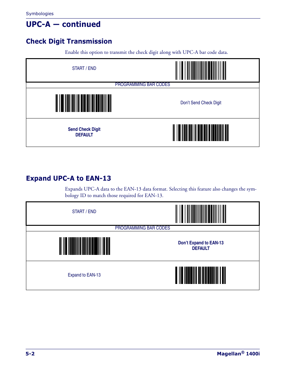 Upc-a — continued, Check digit transmission, Expand upc-a to ean-13 | Datalogic Scanning MAGELLAN 1400I User Manual | Page 78 / 180