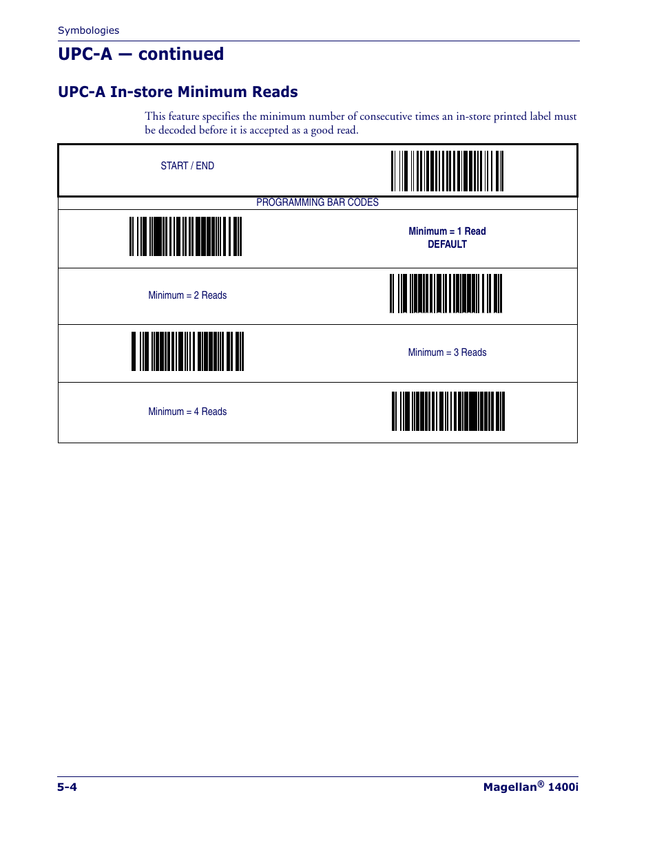 Upc-a — continued, Upc-a in-store minimum reads | Datalogic Scanning MAGELLAN 1400I User Manual | Page 80 / 180
