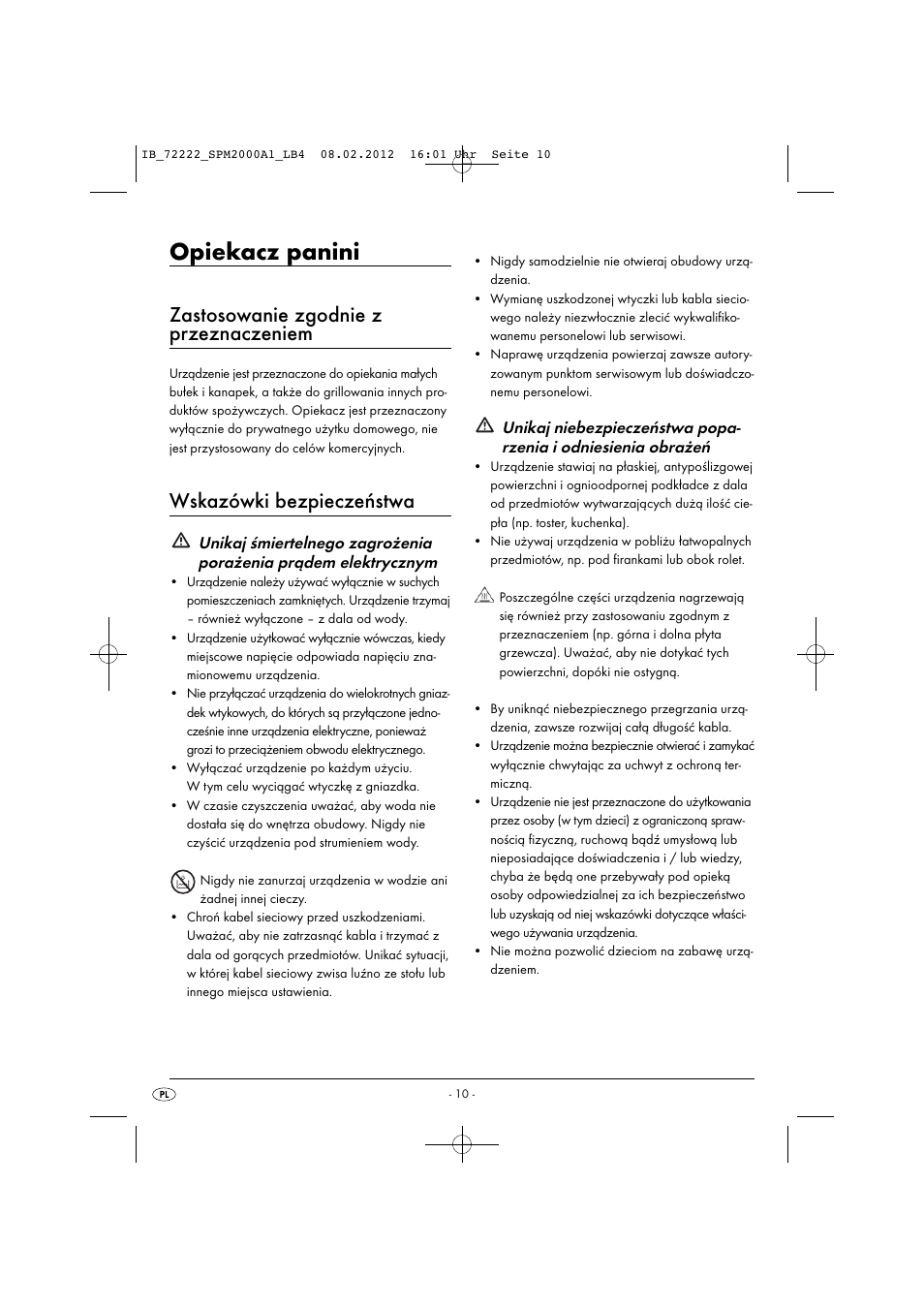 Opiekacz panini, Zastosowanie zgodnie z przeznaczeniem, Wskazówki bezpieczeństwa | Silvercrest SPM 2000 A1 User Manual | Page 12 / 58