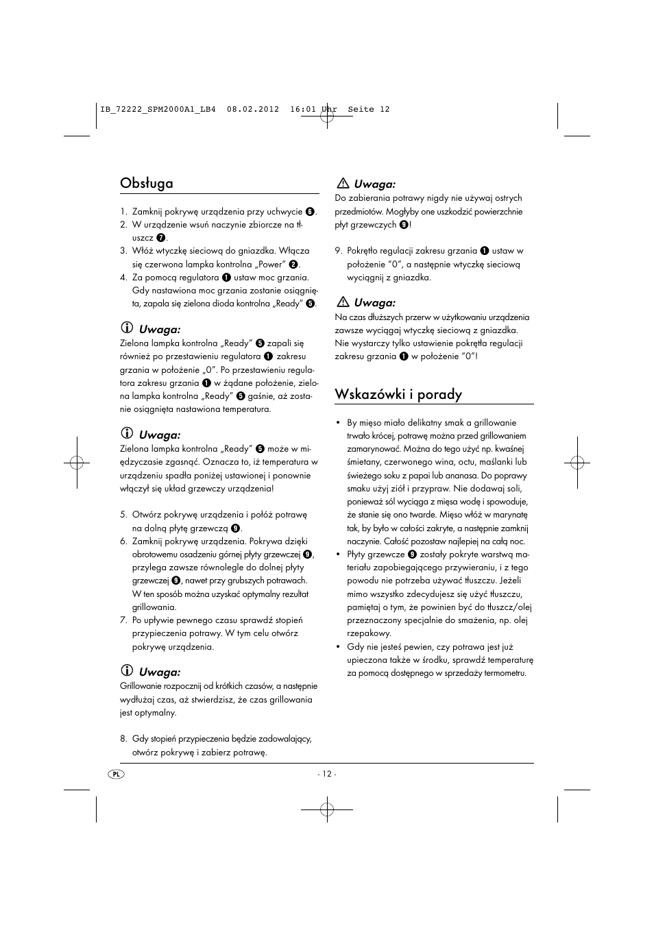 Obsługa, Wskazówki i porady, Uwaga | Silvercrest SPM 2000 A1 User Manual | Page 14 / 58