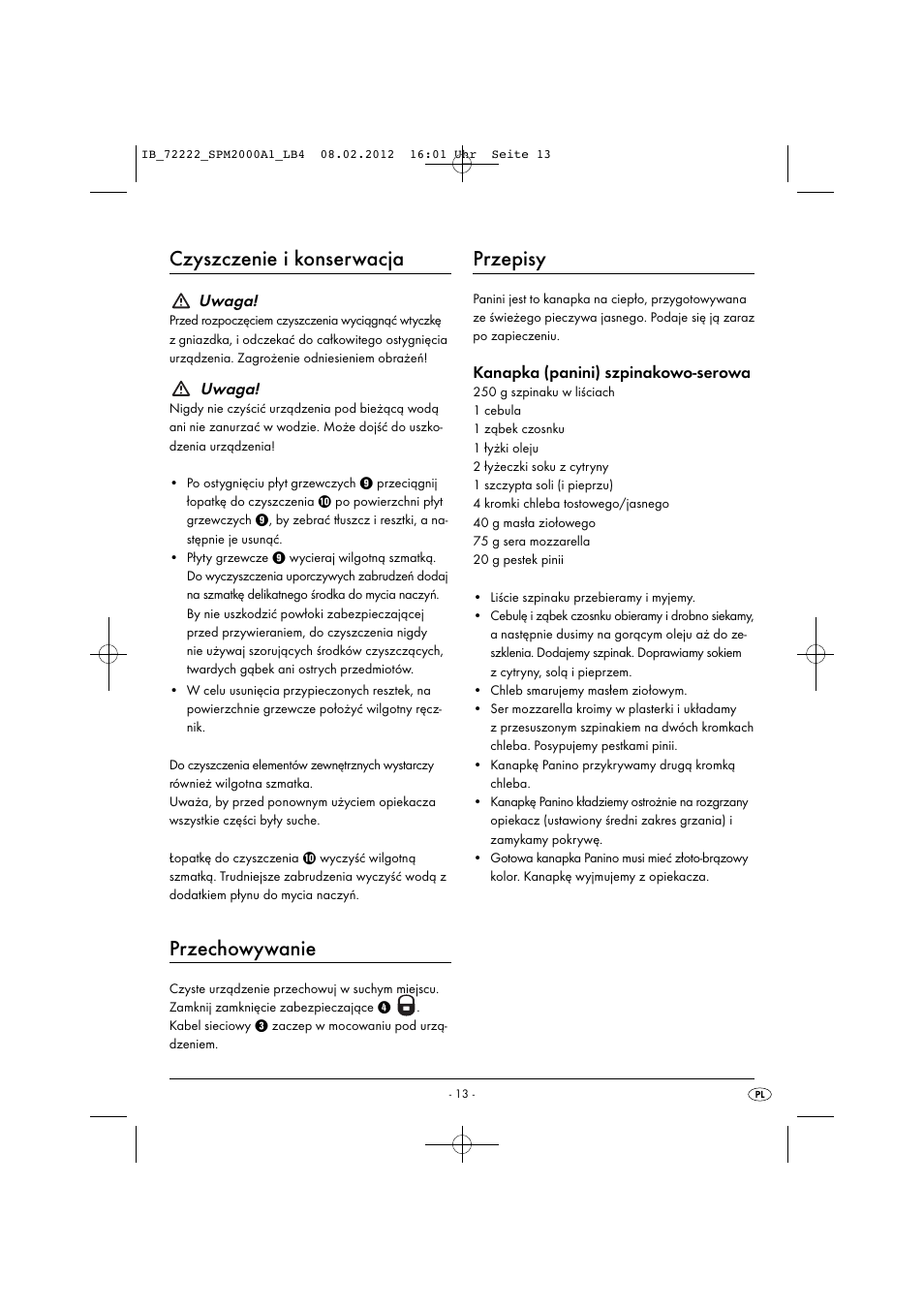 Czyszczenie i konserwacja, Przechowywanie, Przepisy | Uwaga, Kanapka (panini) szpinakowo-serowa | Silvercrest SPM 2000 A1 User Manual | Page 15 / 58