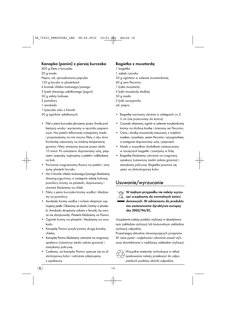 Usuwanie/wyrzucanie, Kanapka (panini) z piersią kurczaka, Bagietka z musztardą | Silvercrest SPM 2000 A1 User Manual | Page 16 / 58