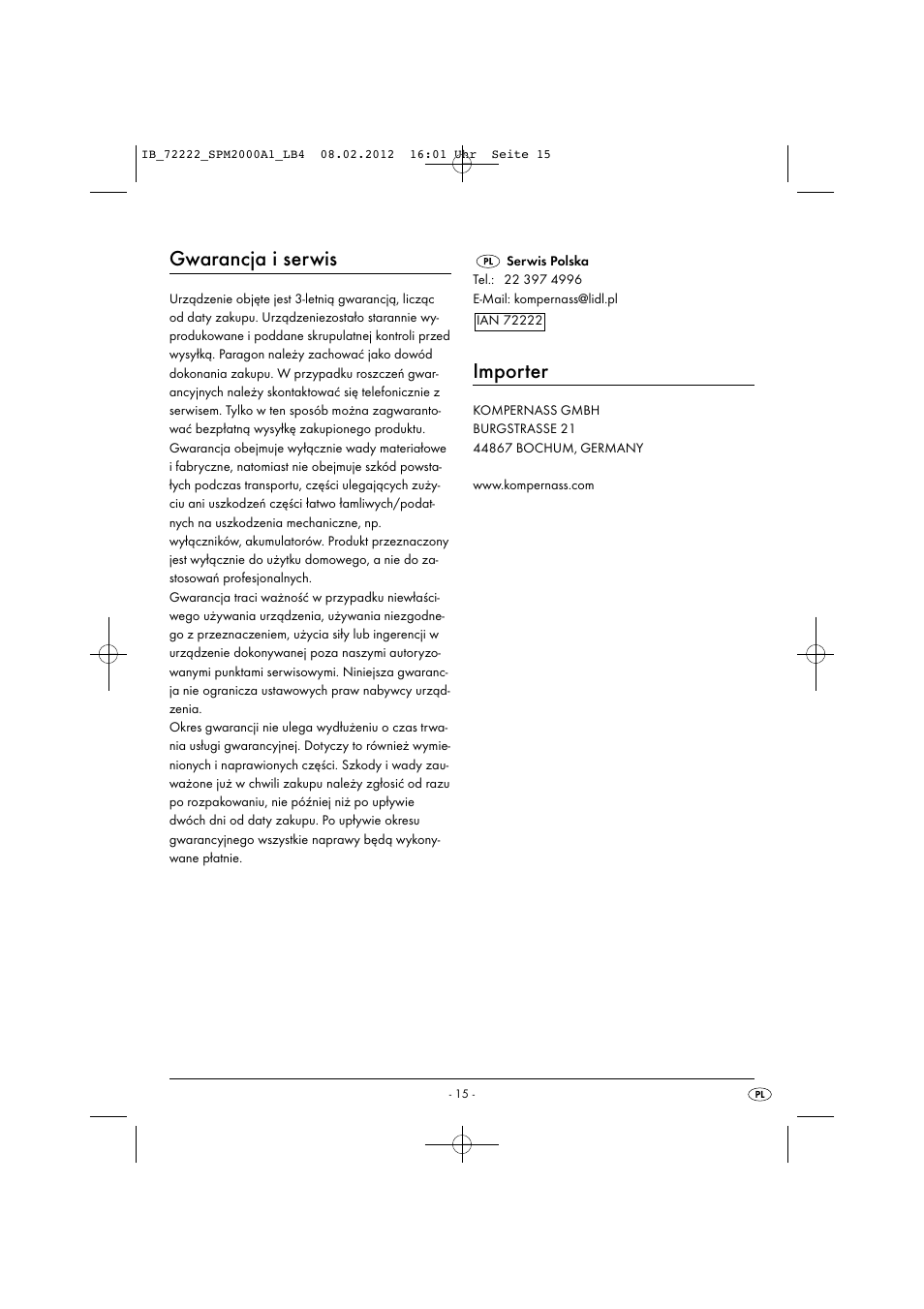 Gwarancja i serwis, Importer | Silvercrest SPM 2000 A1 User Manual | Page 17 / 58