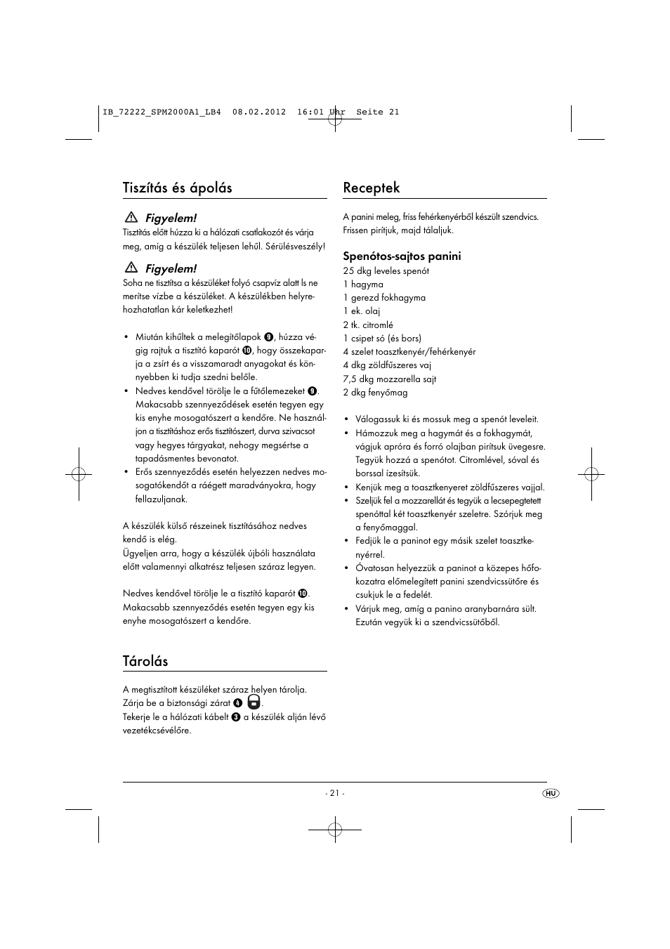 Tiszítás és ápolás, Tárolás, Receptek | Figyelem, Spenótos-sajtos panini | Silvercrest SPM 2000 A1 User Manual | Page 23 / 58