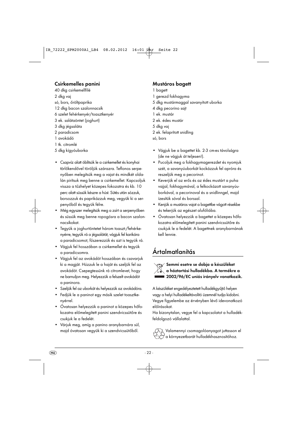 Ártalmatlanítás, Csirkemelles panini, Mustáros bagett | Silvercrest SPM 2000 A1 User Manual | Page 24 / 58