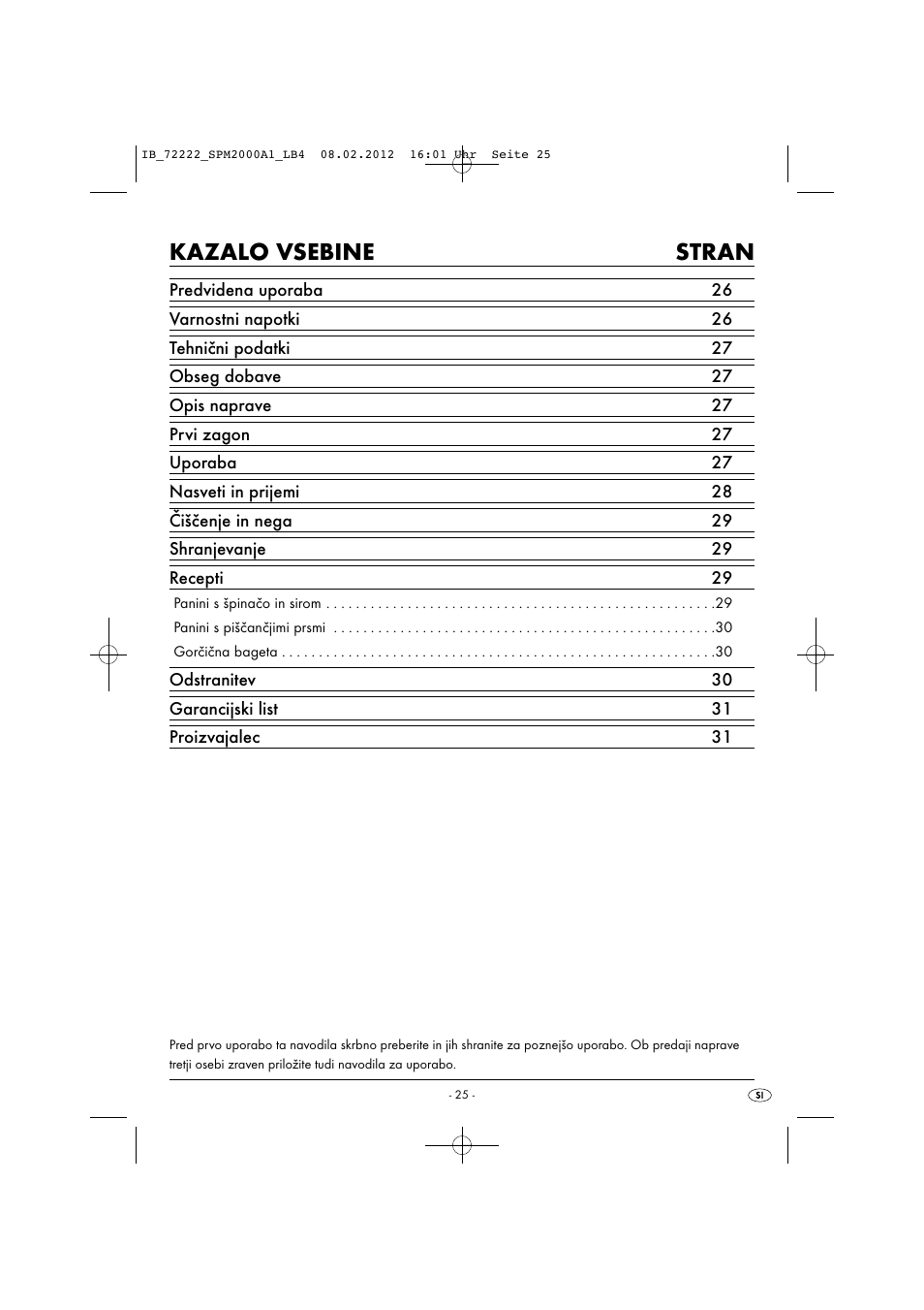 Kazalo vsebine stran | Silvercrest SPM 2000 A1 User Manual | Page 27 / 58