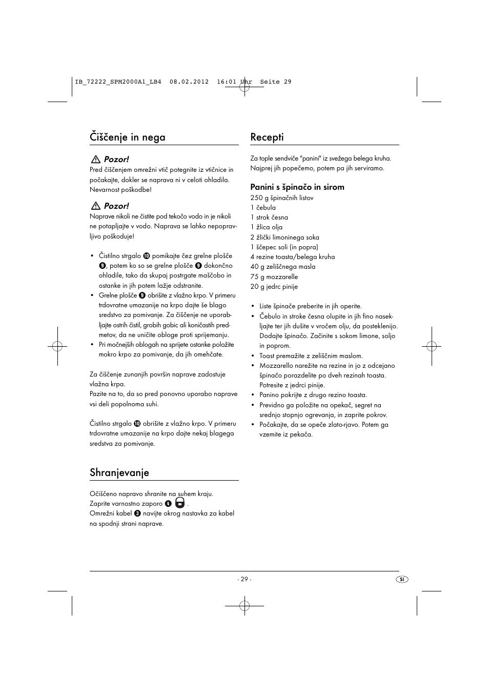 Čiščenje in nega, Shranjevanje, Recepti | Pozor, Panini s špinačo in sirom | Silvercrest SPM 2000 A1 User Manual | Page 31 / 58