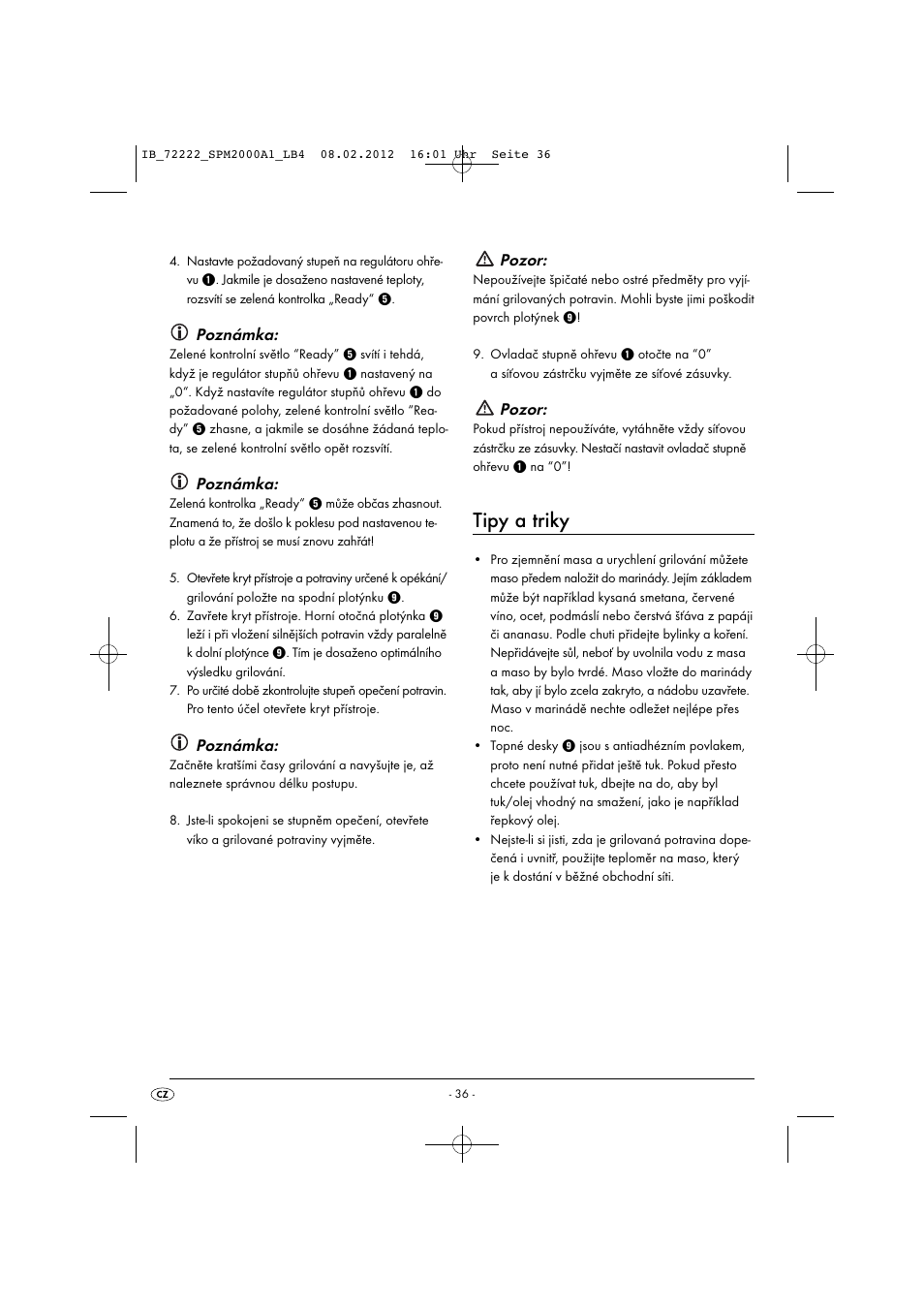 Tipy a triky, Poznámka, Pozor | Silvercrest SPM 2000 A1 User Manual | Page 38 / 58