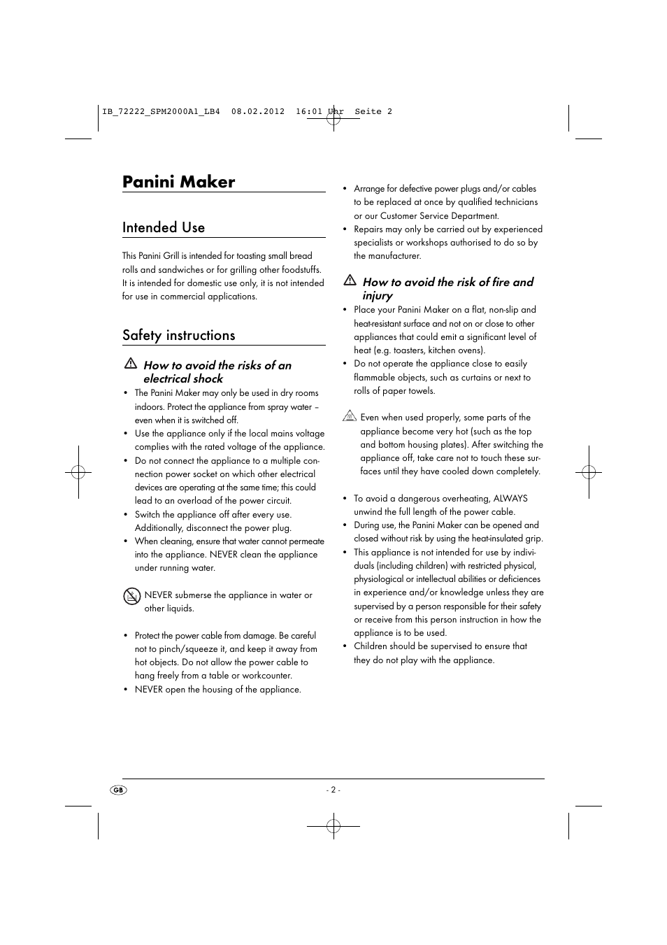 Panini maker, Intended use, Safety instructions | How to avoid the risks of an electrical shock, How to avoid the risk of fire and injury | Silvercrest SPM 2000 A1 User Manual | Page 4 / 58