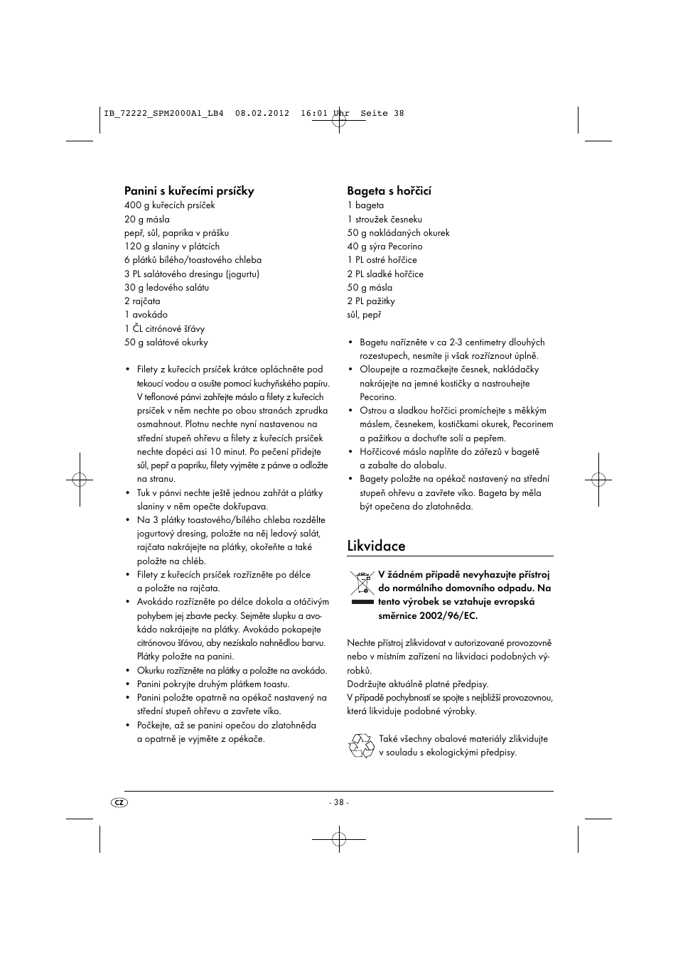 Likvidace, Panini s kuřecími prsíčky, Bageta s hořčicí | Silvercrest SPM 2000 A1 User Manual | Page 40 / 58