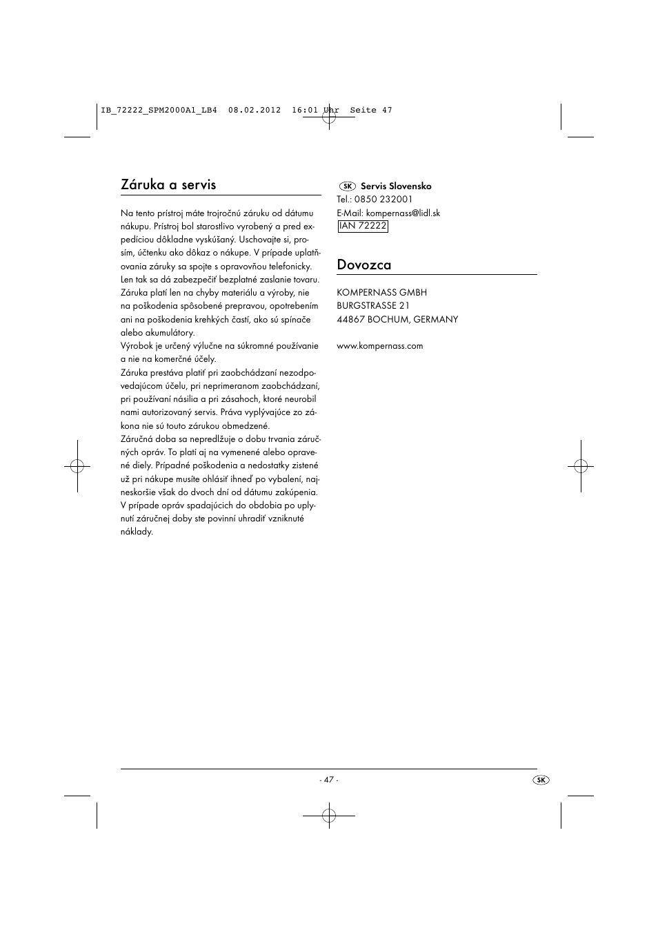 Záruka a servis, Dovozca | Silvercrest SPM 2000 A1 User Manual | Page 49 / 58