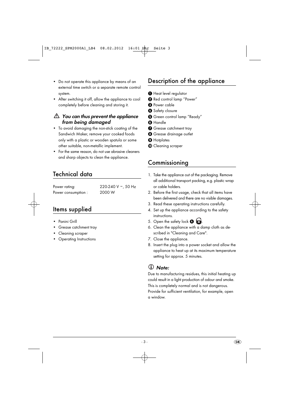 Technical data, Items supplied, Description of the appliance | Commissioning | Silvercrest SPM 2000 A1 User Manual | Page 5 / 58