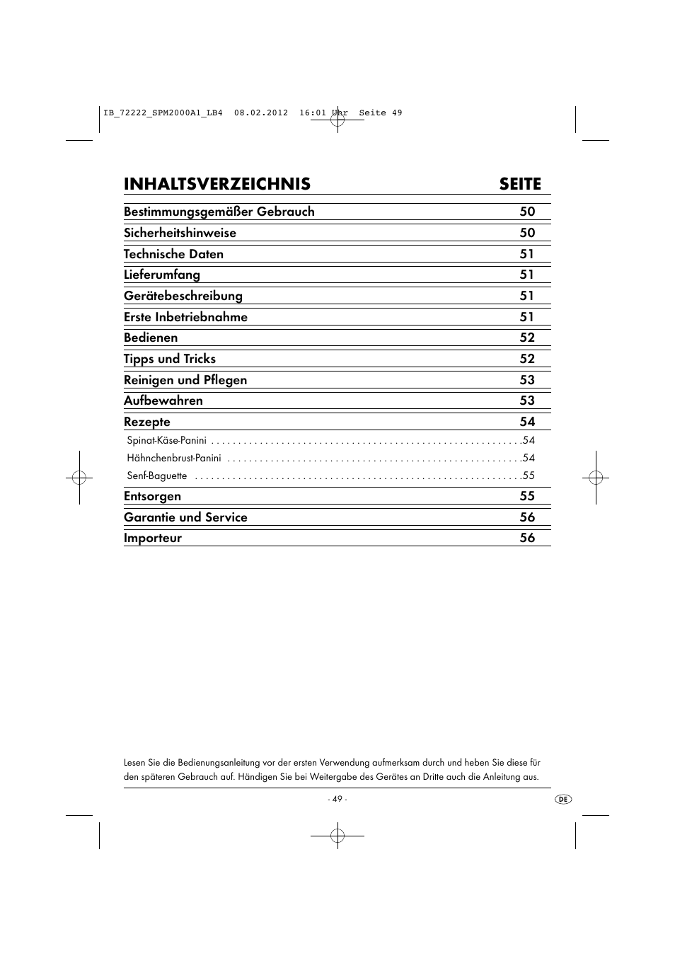 Inhaltsverzeichnis seite | Silvercrest SPM 2000 A1 User Manual | Page 51 / 58