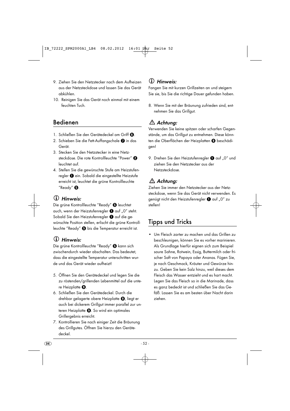 Bedienen, Tipps und tricks, Hinweis | Achtung | Silvercrest SPM 2000 A1 User Manual | Page 54 / 58