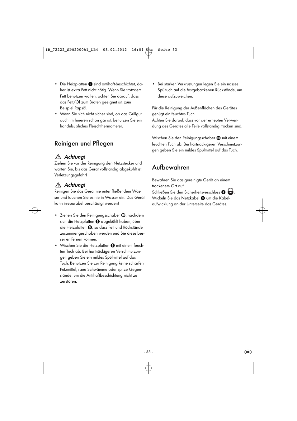 Reinigen und pflegen, Aufbewahren, Achtung | Silvercrest SPM 2000 A1 User Manual | Page 55 / 58