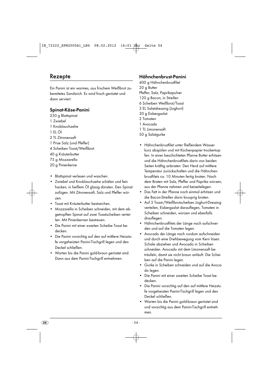 Rezepte, Spinat-käse-panini, Hähnchenbrust-panini | Silvercrest SPM 2000 A1 User Manual | Page 56 / 58