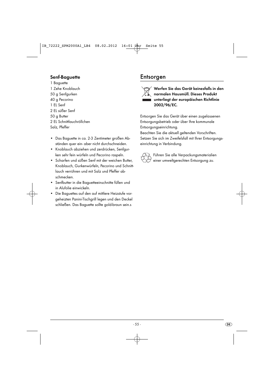 Entsorgen, Senf-baguette | Silvercrest SPM 2000 A1 User Manual | Page 57 / 58