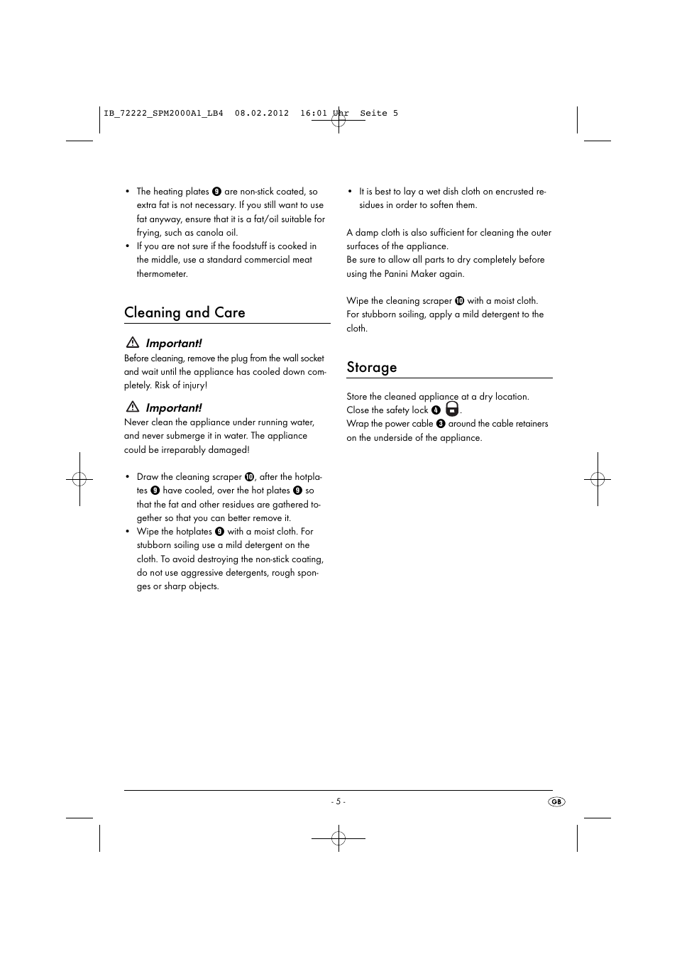 Cleaning and care, Storage, Important | Silvercrest SPM 2000 A1 User Manual | Page 7 / 58