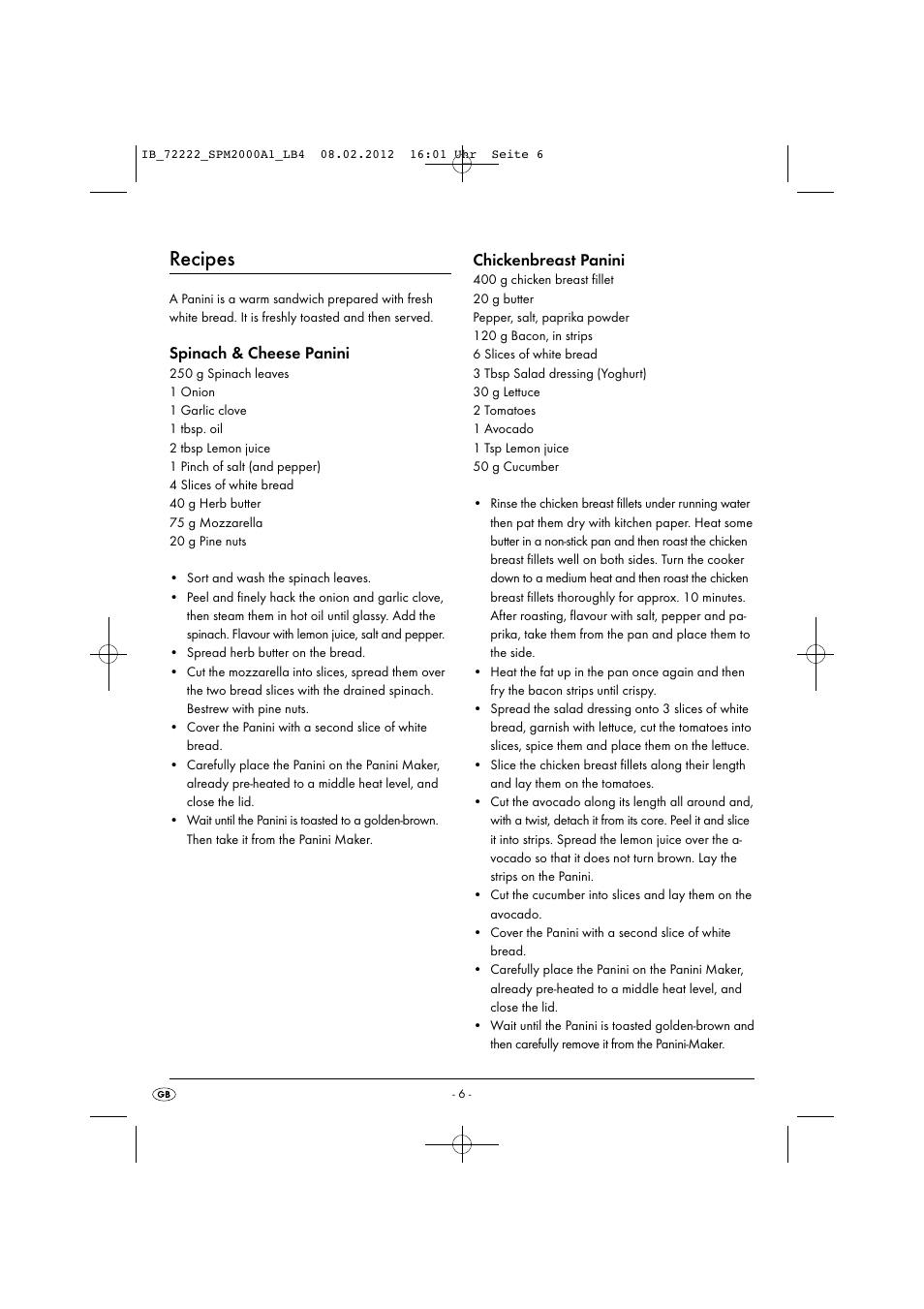 Recipes, Spinach & cheese panini, Chickenbreast panini | Silvercrest SPM 2000 A1 User Manual | Page 8 / 58