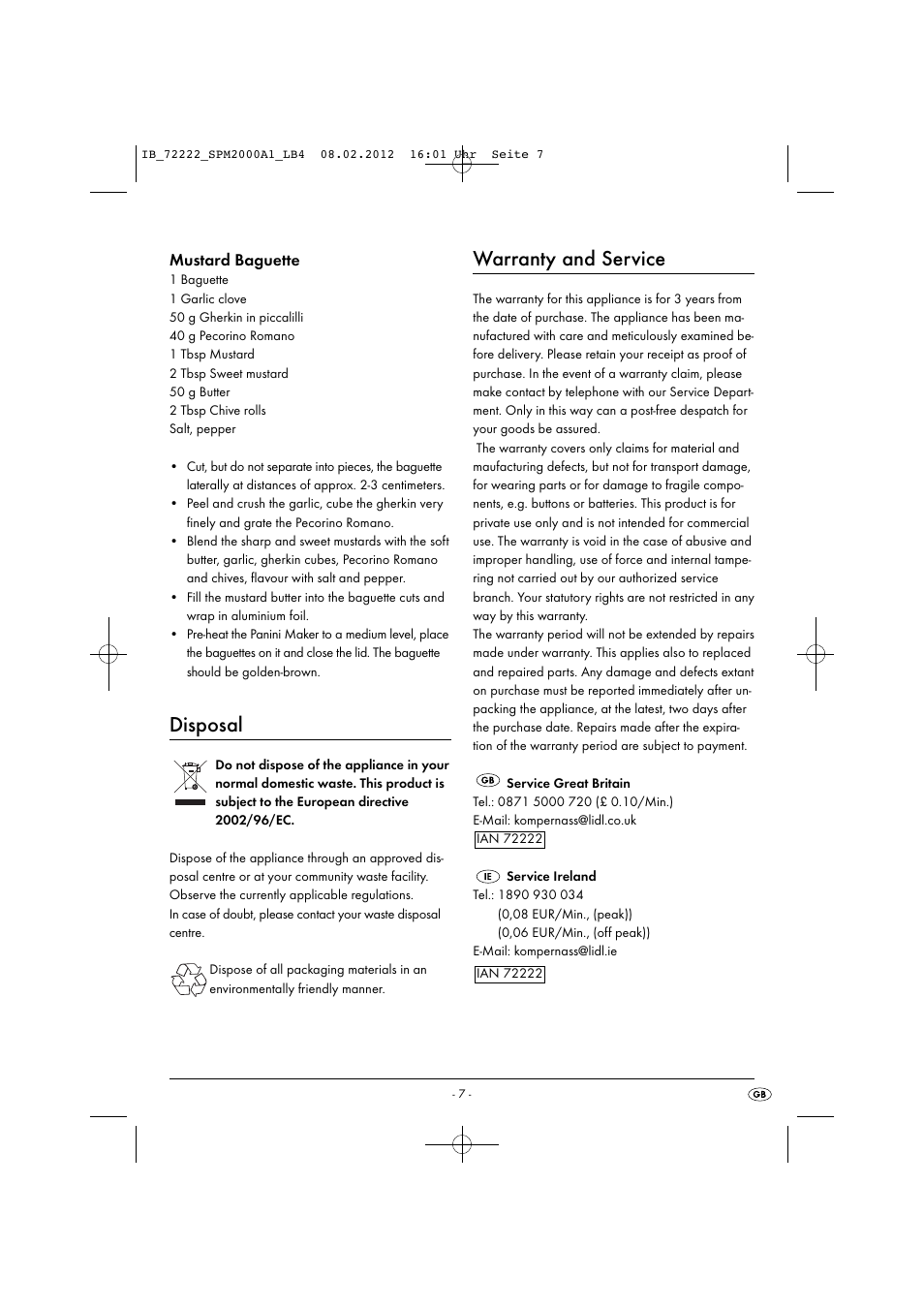 Disposal, Warranty and service, Mustard baguette | Silvercrest SPM 2000 A1 User Manual | Page 9 / 58